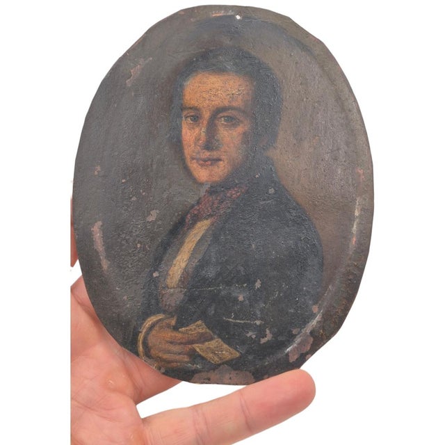 French 19th Century French Hand-Painted Portrait Miniature on Copper in Gilt Ribbon Frame - 6" X 4.5" For Sale - Image 3 of 9