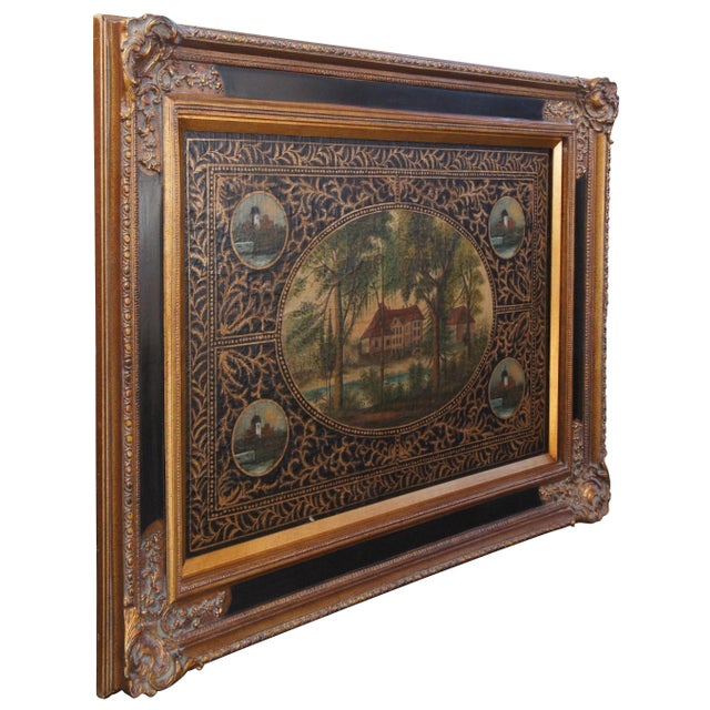 Traditional Vintage Tole Hand Painted Woodland Cottage Landscape Framed Metal Toleware 47" For Sale - Image 3 of 12