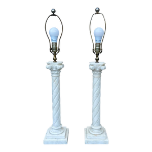 Pair of Italian Carved White Marble Corinthian Column Lamps – 32.5” Tall