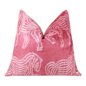 Pink White Zebra Silk Velvet Pillow – 20x20 Handmade Ikat Animal Cushion