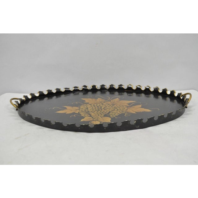 French Country Vintage French Country Black and Gold Hand Painted Oval Toleware Serving Tray For Sale - Image 3 of 15