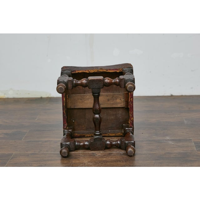 19th Century 19th Century English Oak Footstool with Leather Seat and Turned Legs For Sale - Image 5 of 9