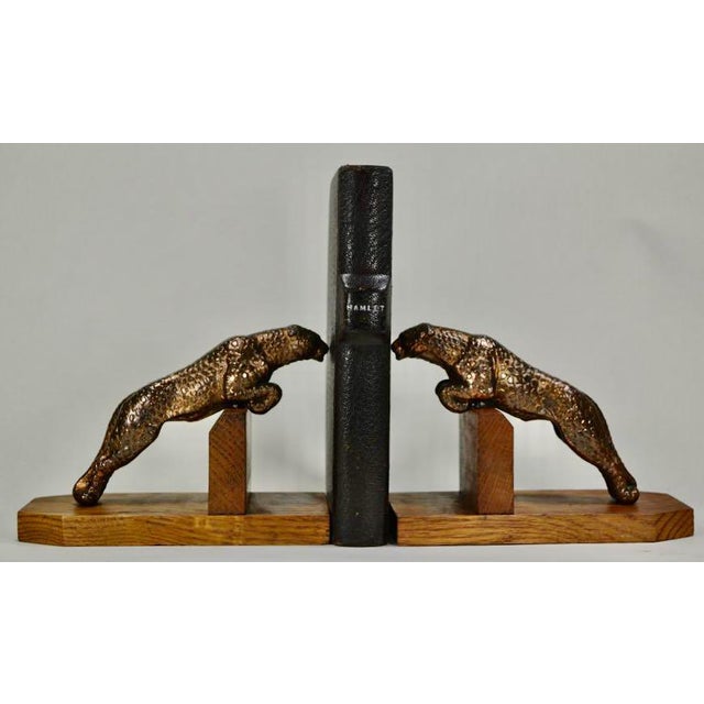 Vintage Art Deco Metal Spotted Leopard Bookends on Wood Base a Pair