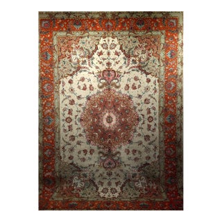 Vintage Persian Tabriz Rug, Hand-Knotted Wool & Silk, Floral Pattern, Ivory & Pink, 8x12 For Sale