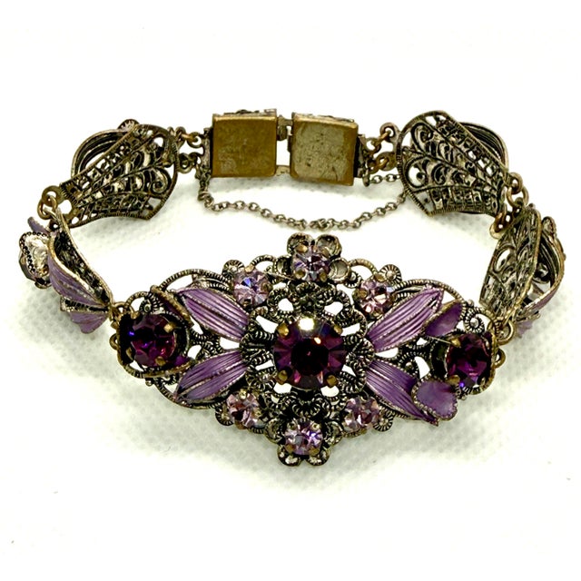 Rustic European Western Germany Purple Rhinestone Enamel Parure Set Bracelet Earrings Lavender For Sale - Image 3 of 6