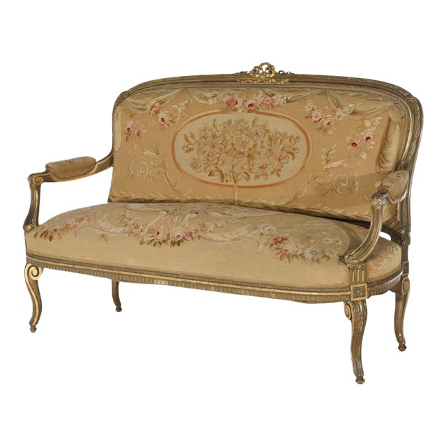Antique French Louis XV Giltwood & Aubusson Tapestry Sofa Circa 1860 For Sale