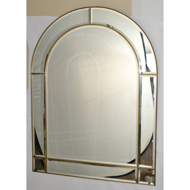 Angelo Donghia 1970s Venetian Arch Shaped Beveled Glass Brass Wall Mirror Hollywood Regency For Sale - Image 4 of 14