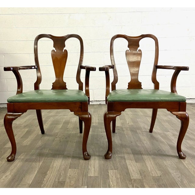 Green Vintage Queen Anne Wood and Vinyl Dining Arm Chairs - Pair For Sale - Image 8 of 8