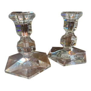 Mid 20th Century Val Saint Lambert Crystal Candle Holders With Piping Rock Club “Liberty Bell” Insignia – a Pair