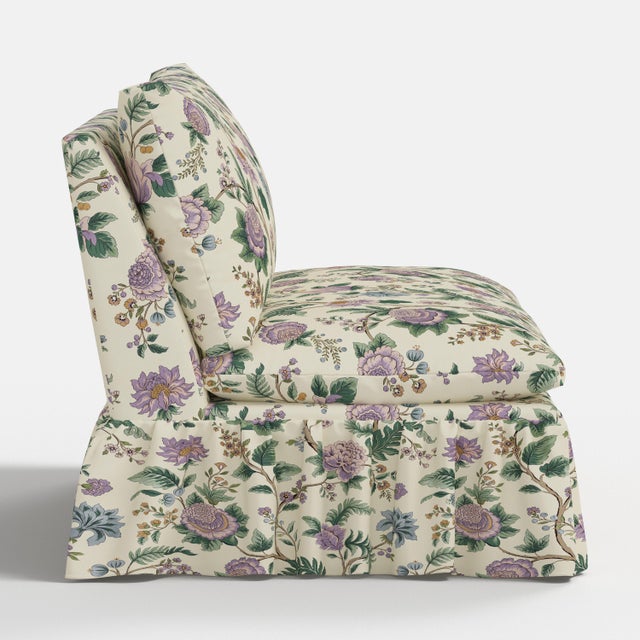Spritely Home Capra Ruffle Settee in Lilac Tree of Life Floral For Sale - Image 4 of 7