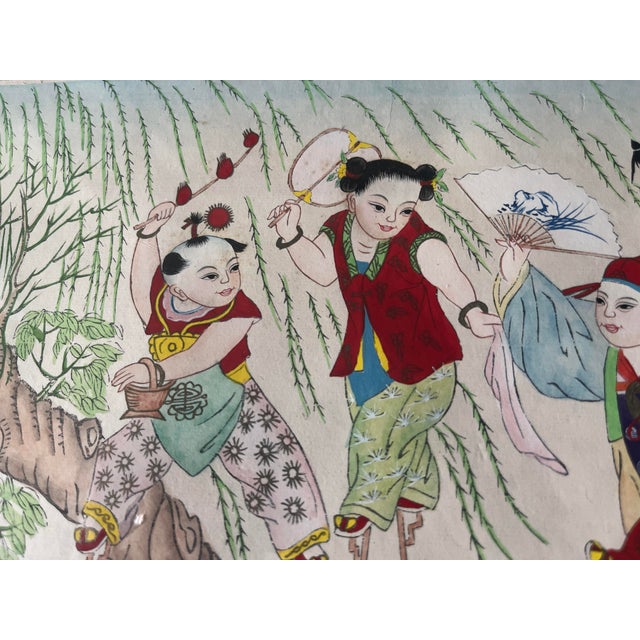 Chinese Antique Chinese Oil Painting of Children at Play on Stilts Unsigned For Sale - Image 3 of 7