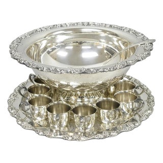 Vintage Sheridan Victorian Silver Plated Punch Bowl Set W/ 12 Cups and Tray For Sale