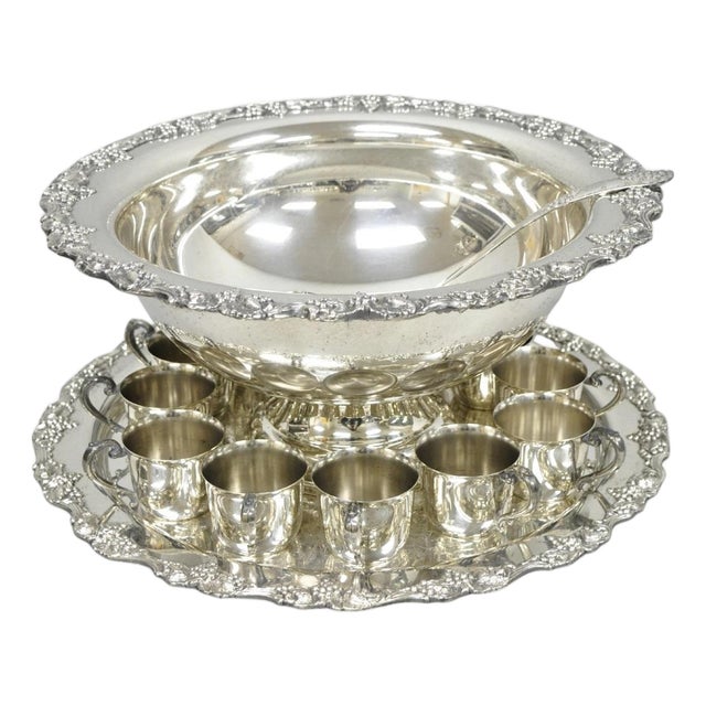 Vintage Sheridan Victorian Silver Plated Punch Bowl Set W/ 12 Cups and Tray For Sale