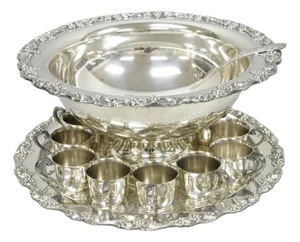 Vintage Sheridan Victorian Silver Plated Punch Bowl Set W/ 12 Cups and Tray