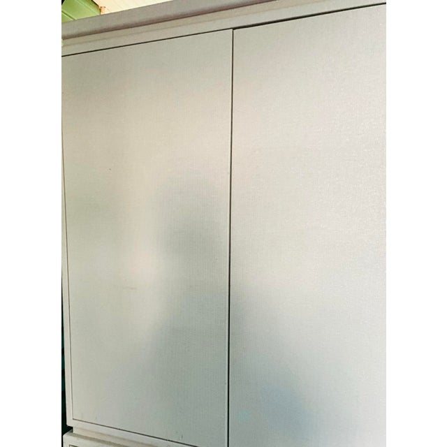 Wood Late 20th Century Contemporary White Painted Raffia-Clad Storage Cabinet Armoire With Adjustable Shelving & Hidden Drawers For Sale - Image 7 of 9