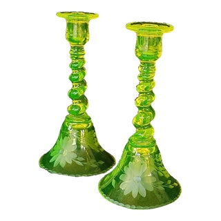 Antique Tiffin Vaseline Elegant Glass Candle Holders Candlesticks - a Pair For Sale