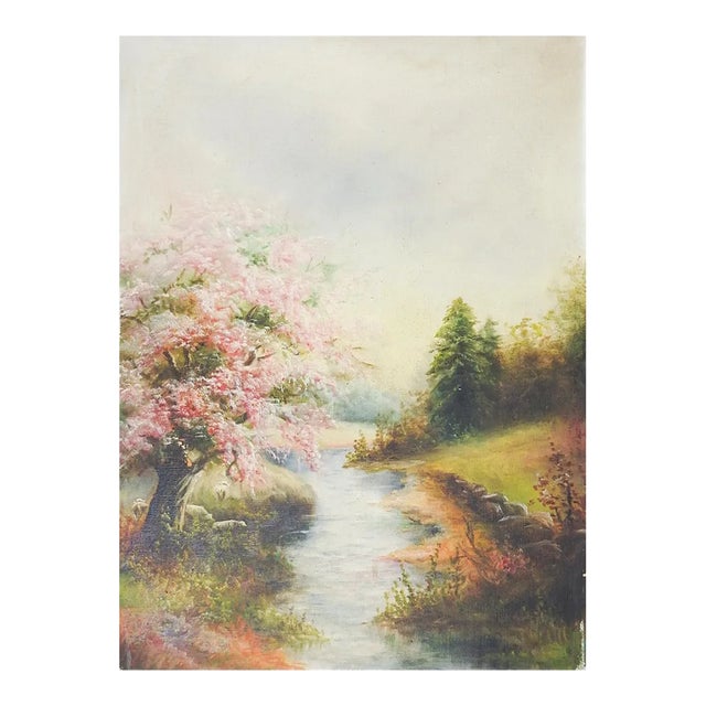 Vintage Creekside Landscape Painting With Pink Flowering Tree For Sale