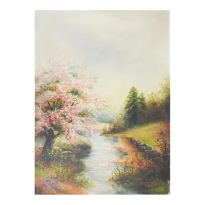 Vintage Creekside Landscape Painting With Pink Flowering Tree