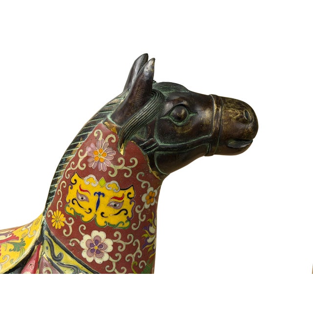 Vintage Oriental Chinese Reddish Maroon Cloisonne Metal Horse Figure A For Sale - Image 12 of 16