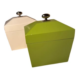 Global Views Mid-Century Style Lacquered Tea Caddy Decorative Boxes - A Pair For Sale