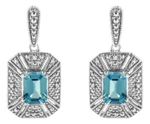 .925 Sterling Silver 7x5MM Emerald Shape Blue Topaz and Diamond Accent Art Deco Halo Style Drop and Dangle Earrings