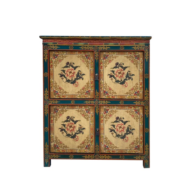 2010s Chinese Tibetan Treasure Color Flower Graphic Credenza Storage Cabinet For Sale - Image 5 of 5