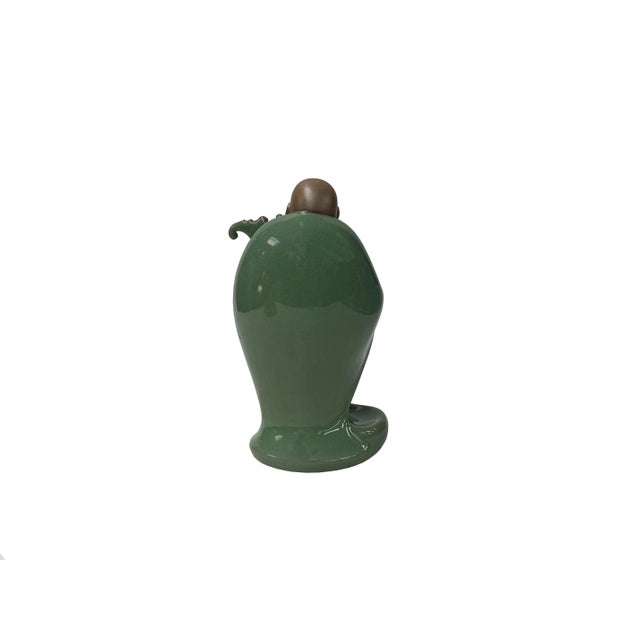 Joyful Laughing Buddha Gloss Dark Jade Green Robe Ceramic Coin Bat Ru Yi Figure For Sale - Image 10 of 12