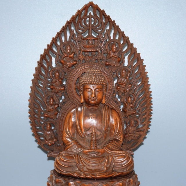 Asian Vintage Asian Boxwood Hand-Carved Shakyamuni Buddha Sculpture For Sale - Image 3 of 9