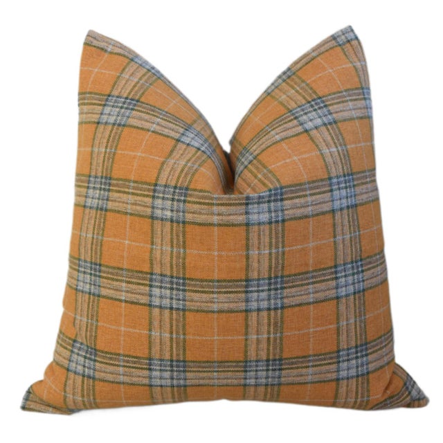 Butterscotch, Blue & White Coastal Plaid Feather/Down Pillow For Sale - Image 4 of 5