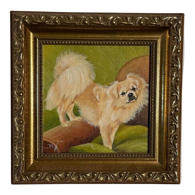Late 20th Century Small Gold Framed Pekingese Dog Oil Painting, Signed For Sale