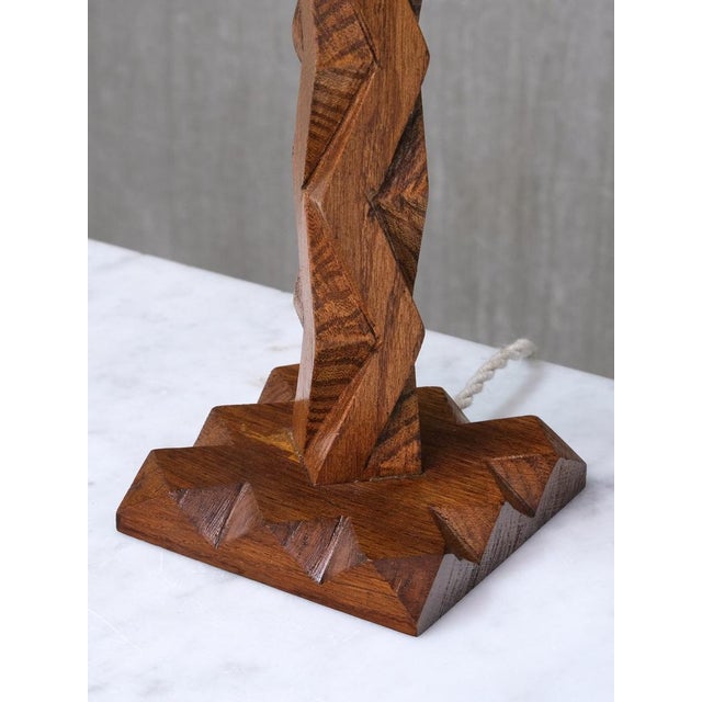 French Art Deco Geometric Oak Table Lamp with Linen Shade, Late 1930s For Sale - Image 6 of 13