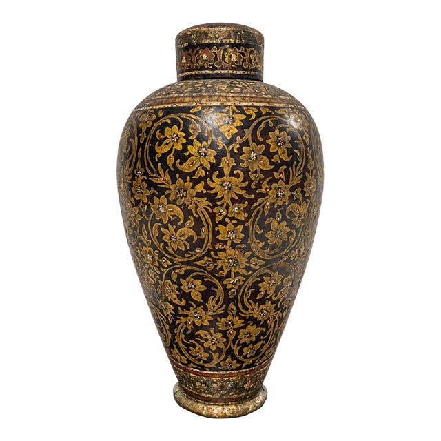 Antique 19th Century or Earlier, Kashmiri Gilt Papier-Mache Lacquer Lidded Vase For Sale
