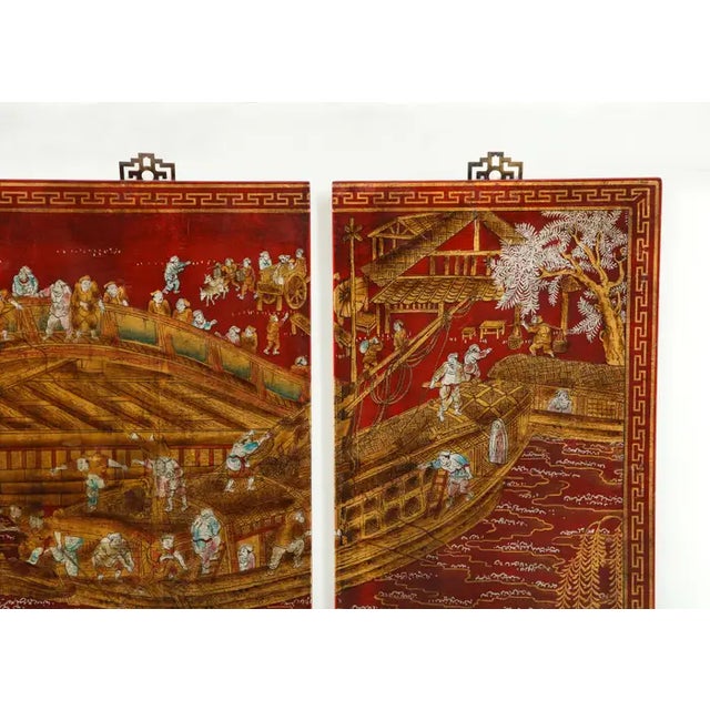 Set of Six Red Lacquered Chinoiserie Panels For Sale - Image 11 of 13