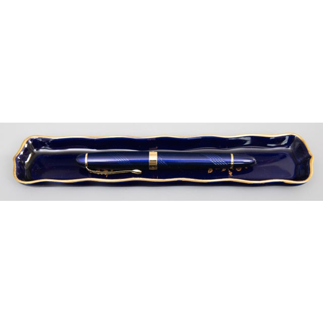 1980s Vintage French Limoges Cobalt Blue Gilt Floral Porcelain Pen Tray For Sale - Image 5 of 7