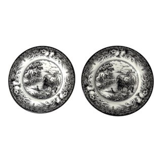 1990s Royal Stafford Hayride Black Salad Plate - Set of 2, Harvest Scene, Horse & Dog, Wagon, Fruit For Sale
