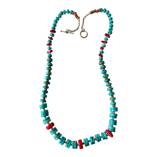 Vintage Turquoise and Coral Beaded Necklace For Sale
