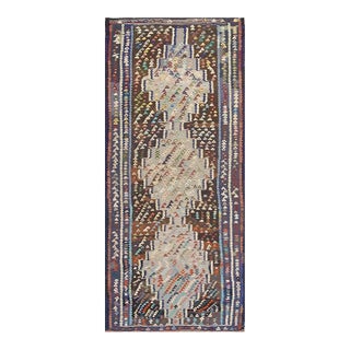 1930s Rustic Brown Field Diamond Tribal Antique Turkish Village Kilim Runner Rug For Sale