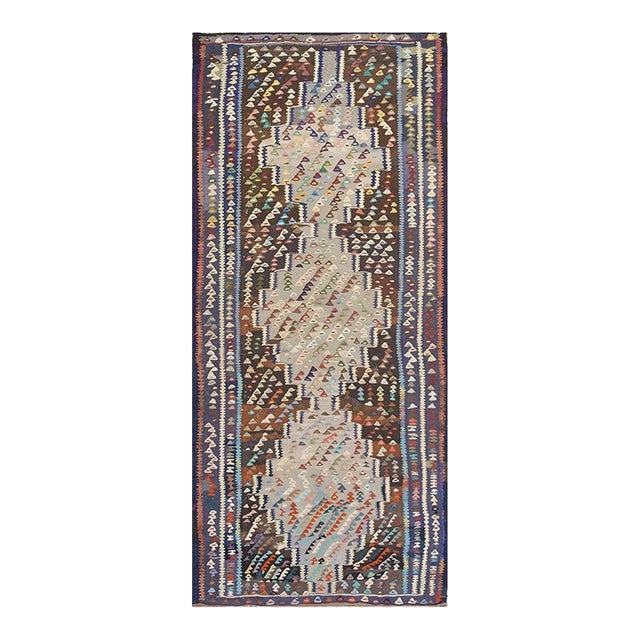 1930s Rustic Brown Field Diamond Tribal Antique Turkish Village Kilim Runner Rug For Sale