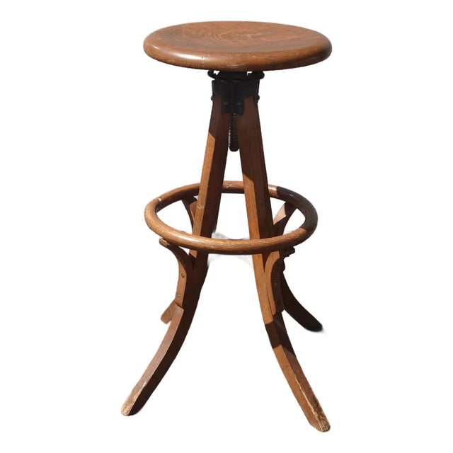 Antique Industrial Adjustable Swivel Oak Drafting Stool Barstool 1of3 ~ # 3 For Sale