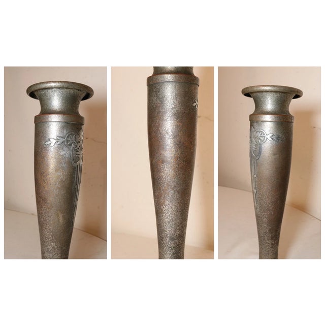 1910s Quality Antique Art Deco Sterling Silver Silver Crest Bronze Ornate Tall Vase For Sale - Image 5 of 12