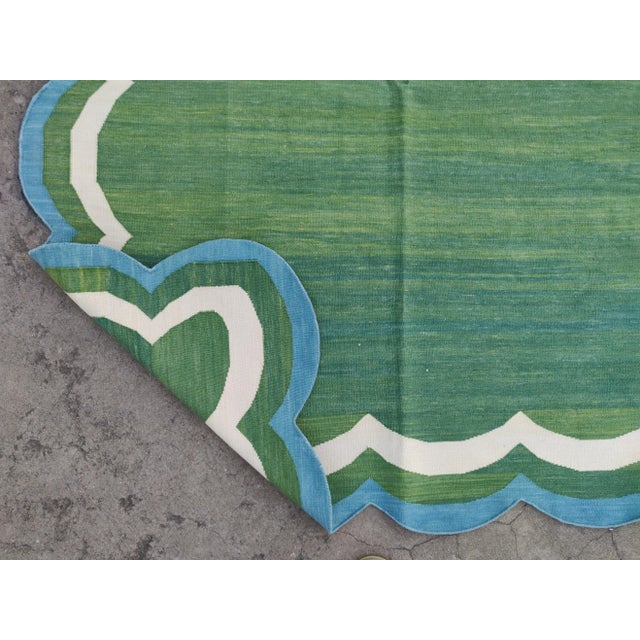Casa Cosima Handmade Cotton Scalloped Rug in Forest Green With Cream and Teal Blue Border - 9'x12' For Sale - Image 4 of 11
