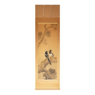 C. 1900-1920s Imai Kōshi "Magpies on a Pine Tree", Japanese Silk Scroll Painting For Sale