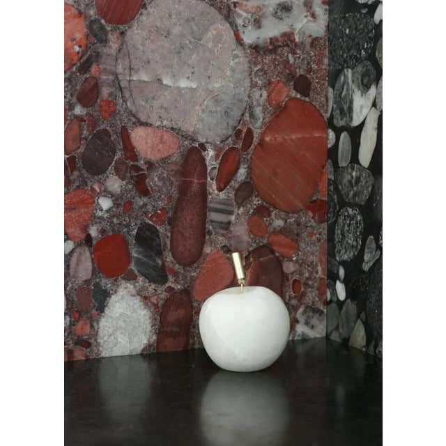 Bauhaus Apl Apple Sculpture of Alabaster and Brass by Edouard Sankowski for Krzywda With Polished Natural Brass and Marbled Translucent Alabaster, Set of 2 For Sale - Image 3 of 7