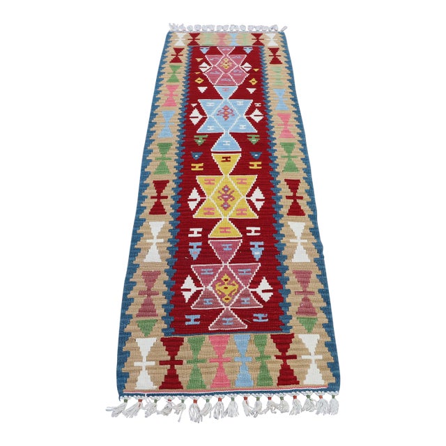 1980s Southwestern Style Hand Knotted Geometric Design Oushak Kilim Runner Rug For Sale