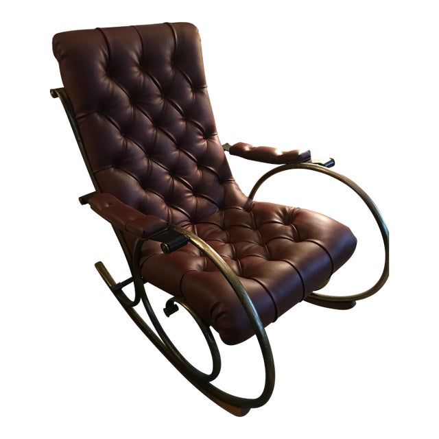 Vintage Mid Century Lee Woodard Leather and Brass Rocking Chair For Sale