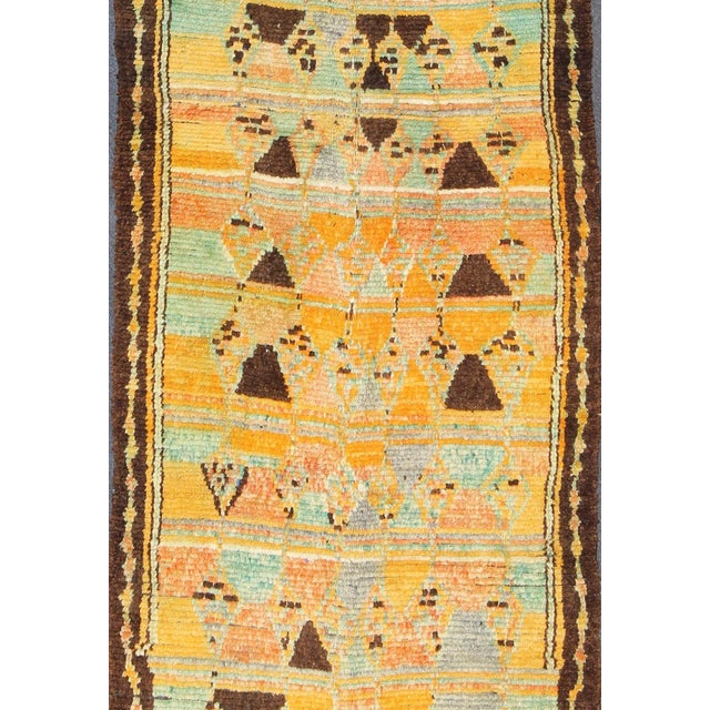 Mid 20th Century Long Vintage Moroccan Runner With Tribal Design in Orange, Brown, Blue and Green For Sale - Image 9 of 13