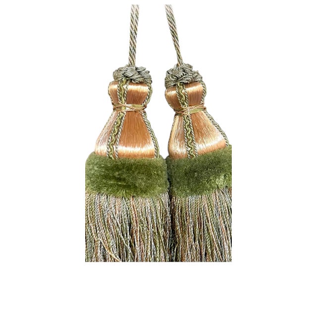 Pair of vintage French satin handmade tassels. Pink, olive green and pale blue. Perfect for keys, doorknobs or furniture....