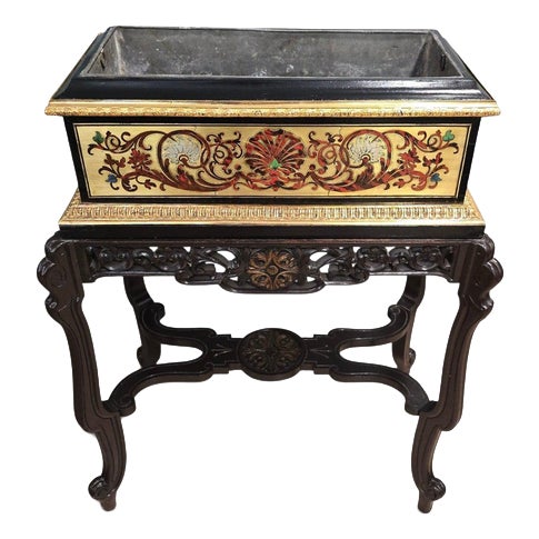 19th Century French Boulle Marquetry Jardinière in Gilt Brass, Silver and Inlays, 1880 For Sale
