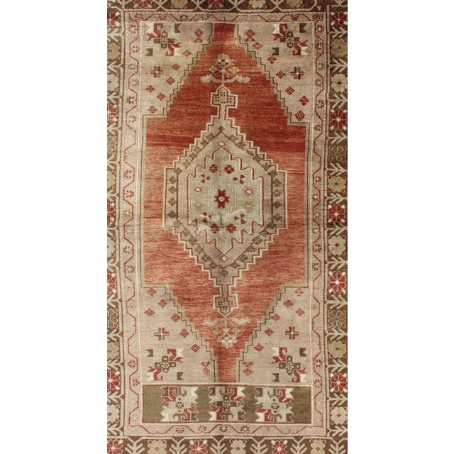 Vintage Oushak Rug With Geometric Motifs in Terracotta, Green and Tan For Sale - Image 4 of 7