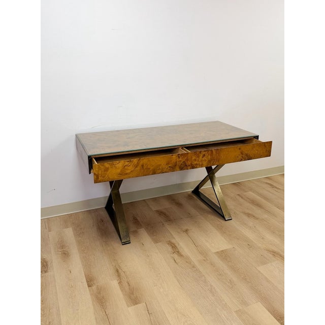 Brown Vintage John Stuart MCM Burlwood Executive Desk Bronze Legs Glass Top Collectable For Sale - Image 8 of 13